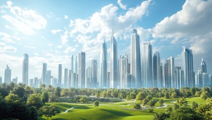 Fototapeta premium A modern city skyline towers over a lush green landscape