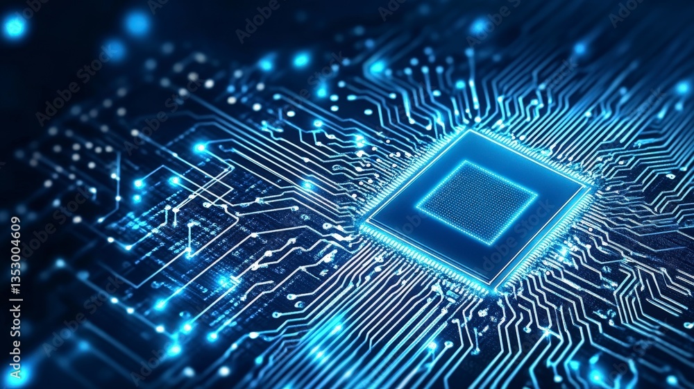 Poster futuristic microchip on a circuit board illuminated by glowing lights.