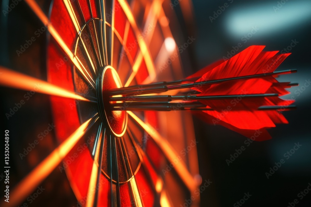 Poster red arrow aiming at a business target symbolizing success and accuracy on a 3d dartboard background