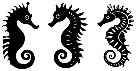Seahorse Silhouette Vector Set, Marine Life, Ocean Creatures, and Sea Animal Illustrations © Kafi