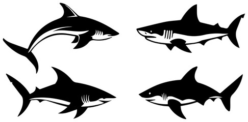 Shark Silhouette Vector Set, Ocean Predator, Marine Life, and Underwater Wildlife Illustration