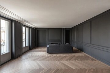 A spacious living room with herringbone patterned wooden flooring