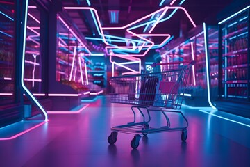 Neon Grocery Oasis: A vibrant, futuristic grocery store bathed in neon light, showcasing a shopping cart in a surreal, colorful environment, inviting exploration and wonder.