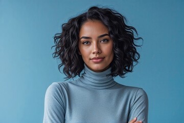 Fototapeta premium Confident Young Woman Wearing Turtleneck Stands Out Against Sky Blue Background
