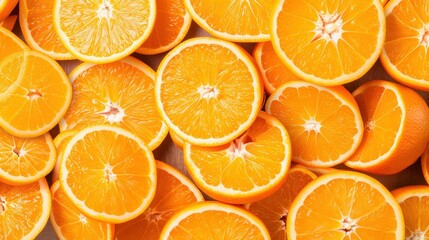 Vibrant sliced oranges create a fresh and zesty backdrop, showcasing juicy fruit in a topdown view. Perfect for summer vibes