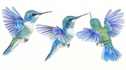 Obraz premium Three iridescent hummingbirds in flight with blue and green plumage