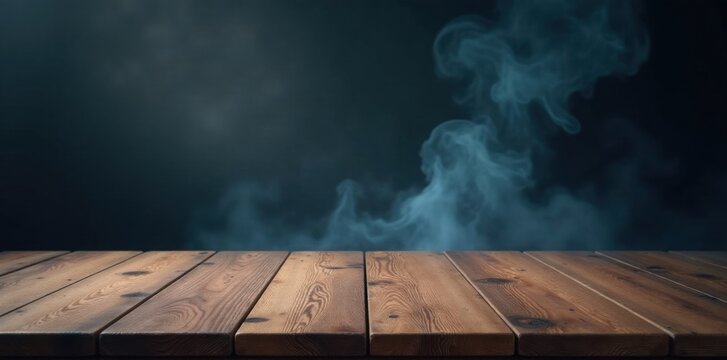 empty wooden table with smoke floating up on dark background, somber, misty, contemplative