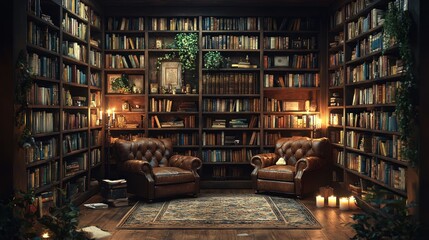 Cozy Library with Leather Armchairs and Candles: A Haven for Book Lovers