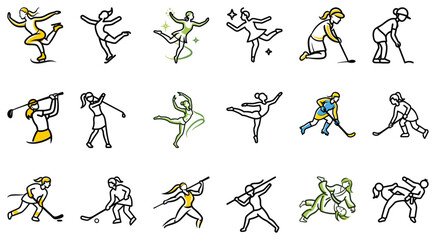 Diverse Female Athletes in Action Line Art Illustrations