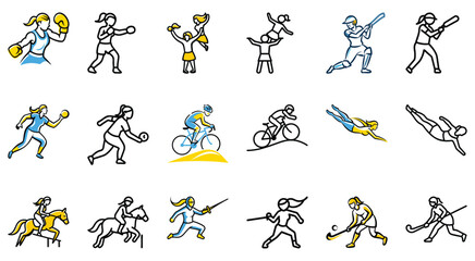 Collection of Line Art Illustrations Women in Various Sports