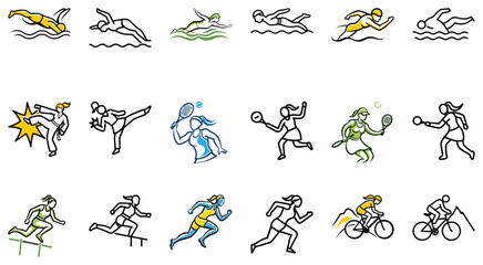 Diverse Female Athletes in Action Line Art Illustrations of Women Participating in Various Sports