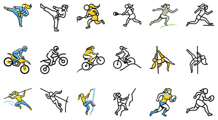 Diverse Women Engaging in Various Sports and Activities Line Art Illustrations