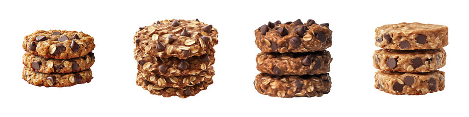 Obraz premium Oatmeal chocolate chip cookie stacks showing varying textures, densities and baking levels.