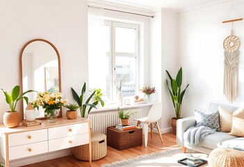 Sunny boho apartment interior with a mirror, dressing table, rattan box, plants, flowers, books, sculpture, macramé, and stylish accessories. Open space home decor.