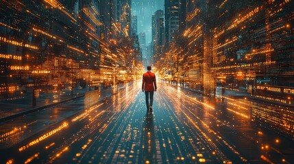 Man walks futuristic city street, glowing lights, digital data streams background; technology future concept