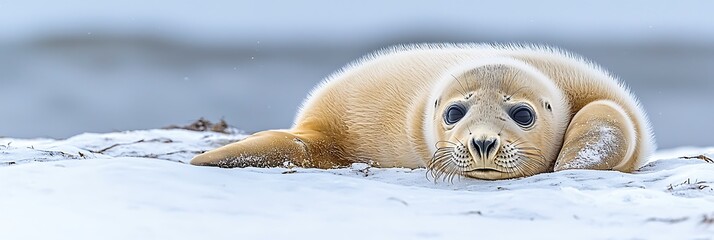 Obraz premium Cute seal pup on snow