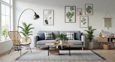 Stylish living room with a gray sofa, rattan armchair, cube, plaid, pillows, tropical plants, macrame, and elegant accessories. Bright and modern home decor.