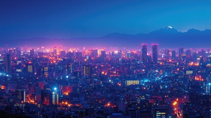 Night Lights of Urban Skyline with Majestic Mountain Backdrop