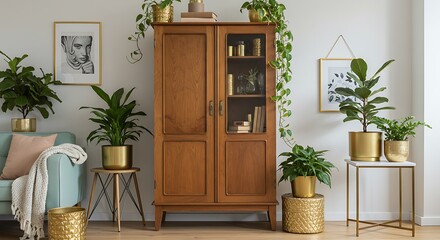 Retro home interior with a vintage cupboard, elegant gold accessories, and stylish potted plants. Cozy and minimalistic home decor with a natural touch.