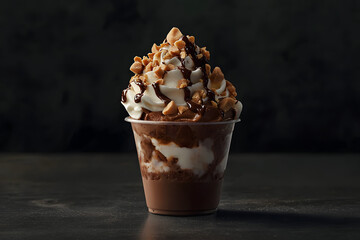 rocky road ice cream sundae showing chocolate ice cream, marshmallow swirls, and crushed nuts