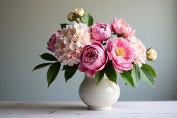 Fototapeta premium Floral arrangement with peonies and hydrangeas in a delicate vase , peonies, bouquet