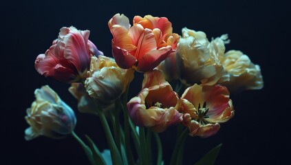 Vibrant tulips bouquet, dark moody background, studio shot