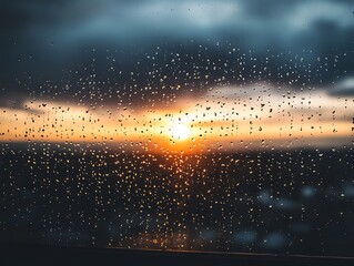 Fototapeta premium The golden sunset viewed through rain covered window glass