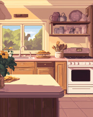 1980s suburban kitchen with family baking cookies together