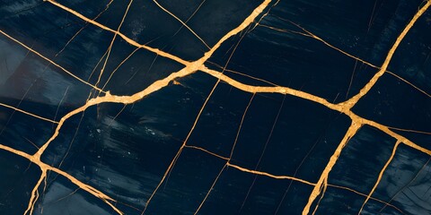 Kintsugi Elegance: A close-up view highlights a navy blue surface artfully mended with golden veins. This abstract captures resilience and beauty.