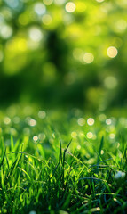 Fototapeta premium Close Up of Vibrant Green Grass with Dew Drops and Soft Bokeh Background