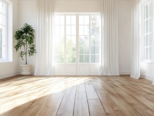 Bright and airy living room with large windows and hardwood floors