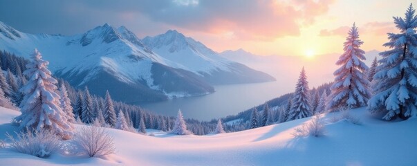 Frosty landscape with snow-covered mountains and trees, cold sun peeking through, snow, frozen