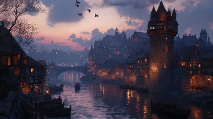 Naklejka premium Picturesque waterside town with illuminated buildings, charming bridge and birds soaring in the twilight sky, evokes a sense of magic.