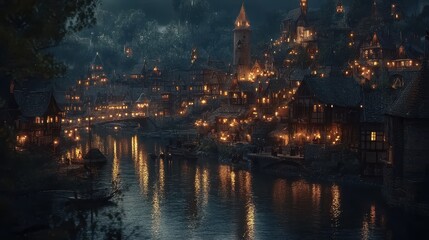 Nighttime vista of a charming riverside village, with illuminated buildings and reflections shimmering on the water, capturing its serene beauty.