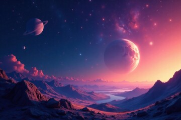 Fototapeta premium Galactic landscape with twinkling stars and planets in a cosmic scene, starry night, universe, astronomy