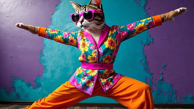 Funny cat wearing colorful floral outfit and sunglasses doing yoga pose against vibrant purple and teal wall background

