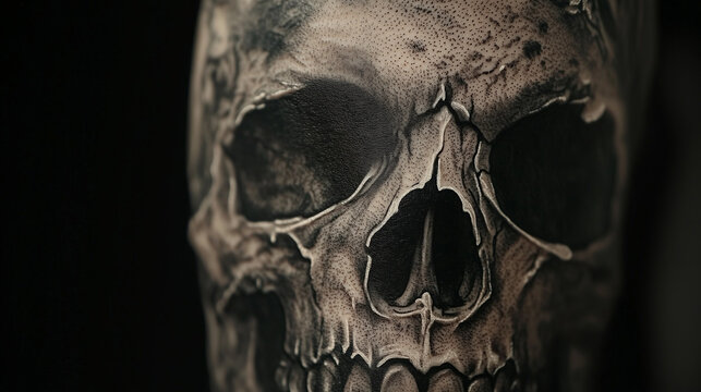 Close-up of a dark gothic skull tattoo with fine dotwork shading, adding a hauntingly realistic touch.