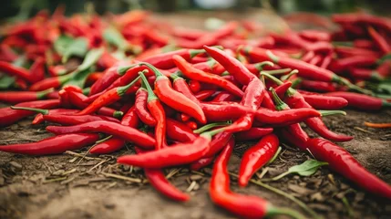Küchenrückwand glas motiv Scharfe Chili-pfeffer Fresh Red Chili Peppers Harvest Farm Soil.  © Insight