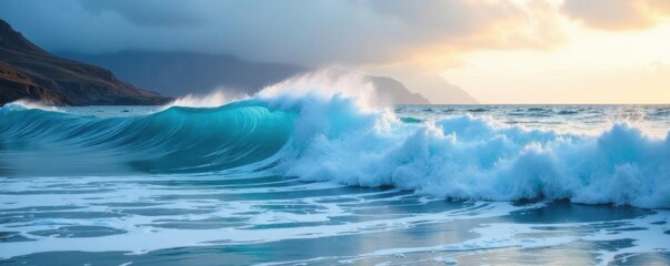 Fototapeta premium Glacier waves crash against the shore frozen in ice, glacier scenery, frosty dawn, frozen sea