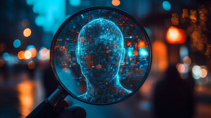 Digital Face Scanned Through Magnifying Glass with Glowing Blue and Orange Light in a Blurred Night Cityscape