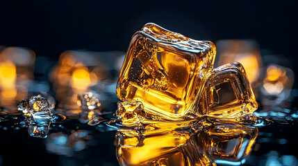 Golden ice cubes reflecting light on dark surface, bokeh background; perfect for drinks, luxury, or cooling concepts