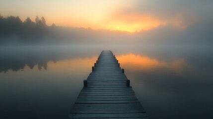 Fototapeta premium Misty Sunrise over Serene Lake with Wooden Dock