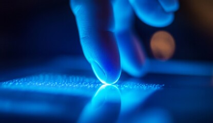 Finger touching glowing tablet screen at night