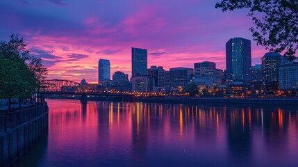 Fototapeta premium City skyline illuminated at twilight reflected on the water. Pink and purple hues create a stunning and serene urban landscape.