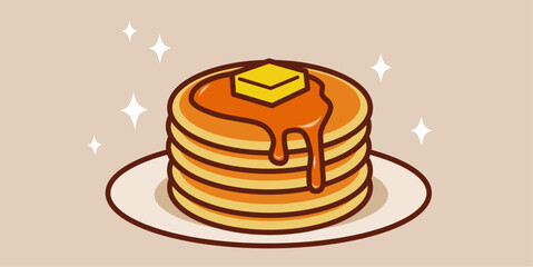 A cute cartoon illustration of a stack of pancakes with small pat of butter and a splash of syrup on top. Perfect for fun and uplifting food-themed designs.