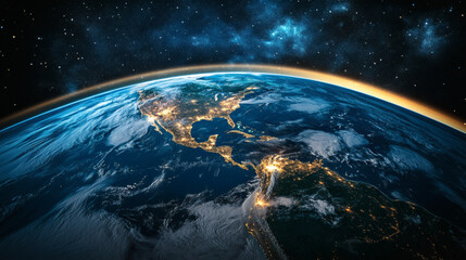 Obraz premium Dramatic Earth View from Space with City Lights in America and Dark Blue Galaxy Background