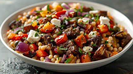 Moroccan couscous roasted vegetables and feta served on clean white ceramic bowl