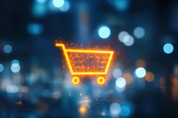 Glowing shopping cart icon emerging from city lights at night representing online shopping and e-commerce