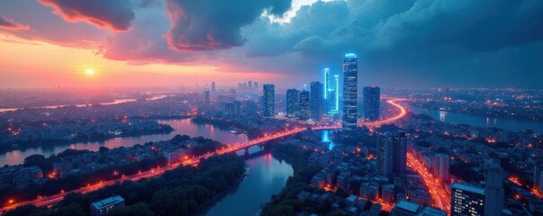 Fototapeta premium Industrial blueprint overlay on a futuristic cityscape, architecture, industrial