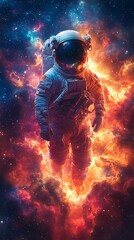 Fototapeta premium Neon-lit space floating astronaut view lights high resolution Background